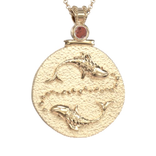 Engravable Pisces Zodiac Medallion With Accent – 18K Gold Plated Silver with Garnet