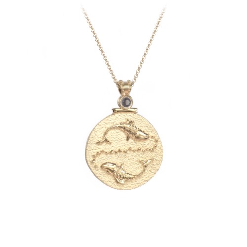Engravable Pisces Zodiac Medallion With Accent – 18K Gold Plated Silver with Smokey Quartz