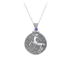Engravable Sagittarius Zodiac Medallion Necklace – Sterling Silver with Blue Sapphire
