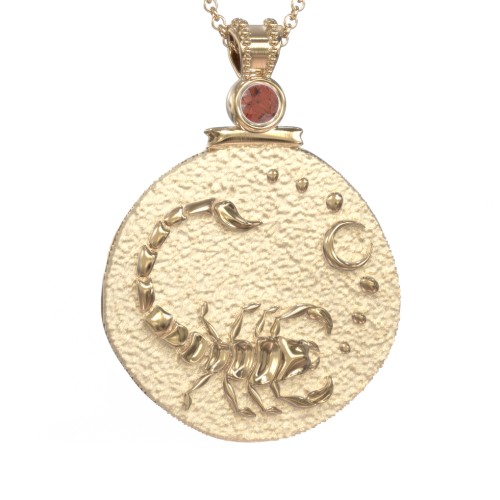 Engravable Scorpio Zodiac Medallion With Accent – 18K Gold Plated Silver with Garnet