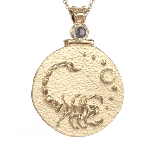 Engravable Scorpio Zodiac Medallion With Accent – 18K Gold Plated Silver with Smokey Quartz