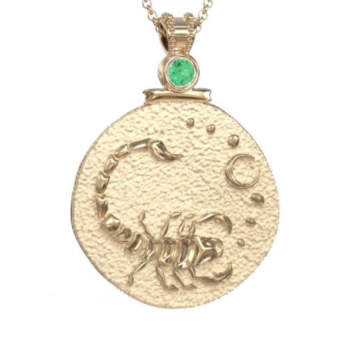Engravable Scorpio Zodiac Medallion With Accent – 18K Gold Plated Silver with Emerald