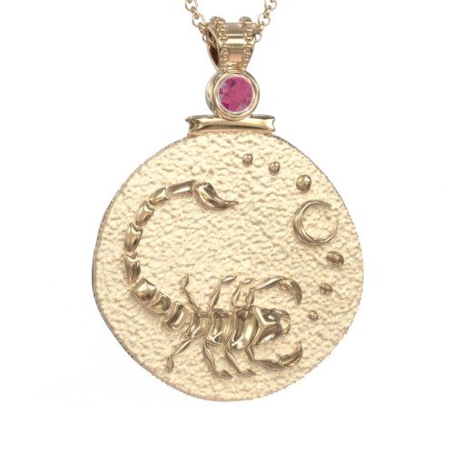 Engravable Scorpio Zodiac Medallion With Accent – 18K Gold Plated Silver with Ruby