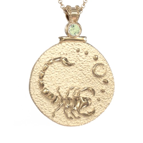 Engravable Scorpio Zodiac Medallion With Accent – 18K Gold Plated Silver with Peridot