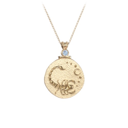 Engravable Scorpio Zodiac Medallion With Accent – 18K Gold Plated Silver with Blue Topaz