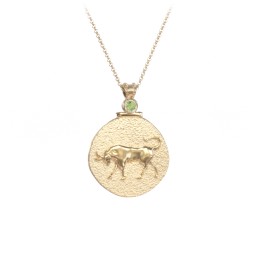 Engravable Taurus Zodiac Medallion With Accent in 18K Gold Plated Silver with Peridot