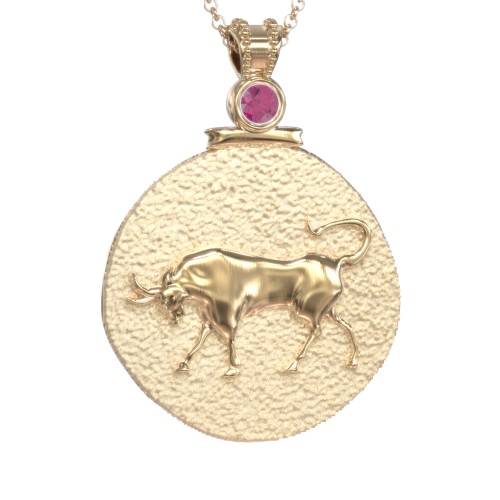 Engravable Taurus Zodiac Medallion With Accent – 18K Gold Plated Silver with Ruby