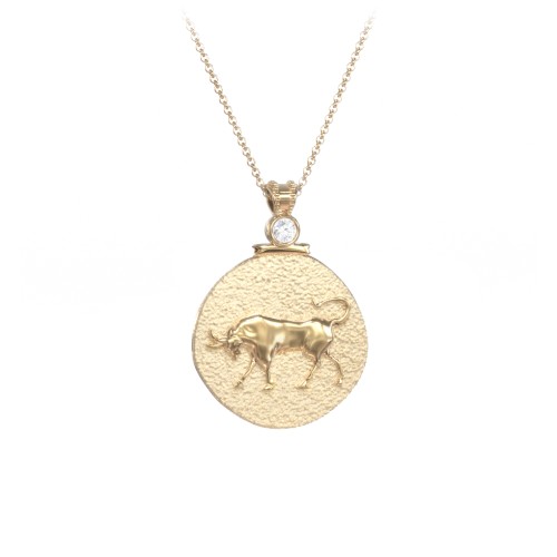 Engravable Taurus Zodiac Medallion With Accent – 18K Gold Plated Silver with Cubic Zirconia