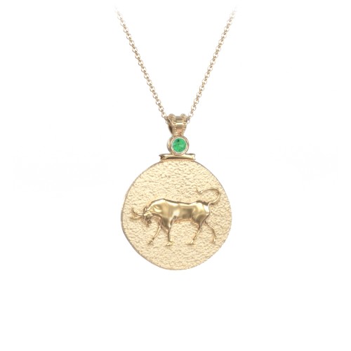 Engravable Taurus Zodiac Medallion With Accent – 18K Gold Plated Silver with Emerald