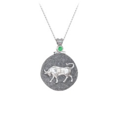 Engravable Taurus Zodiac Medallion With Accent – Sterling Silver with Emerald