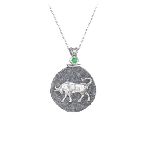 Engravable Taurus Zodiac Medallion With Accent – Sterling Silver with Emerald