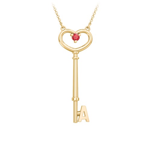 Initial Heart Key Necklace with Gemstone - A – 18K Gold Plated Silver with Garnet