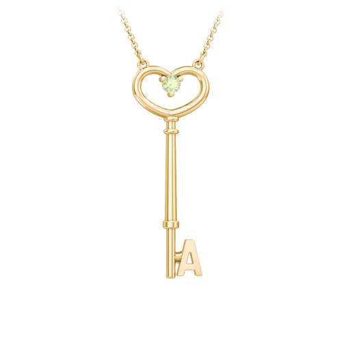 Initial Heart Key Necklace with Gemstone - A – 18K Gold Plated Silver with Peridot