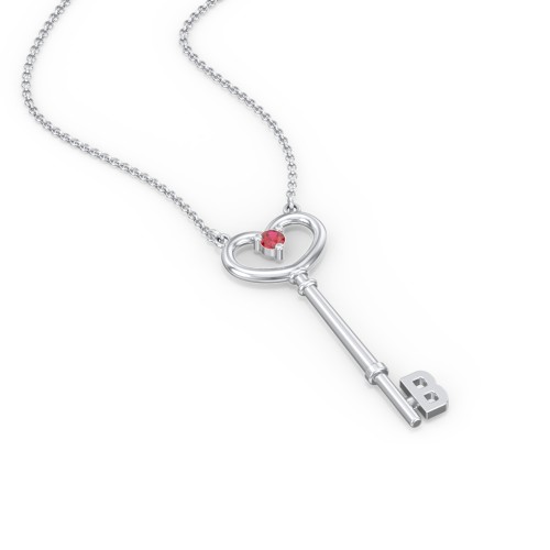 Initial Heart Key Necklace with Gemstone - B