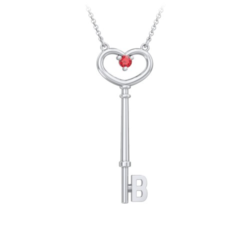 Initial Heart Key Necklace with Gemstone - B