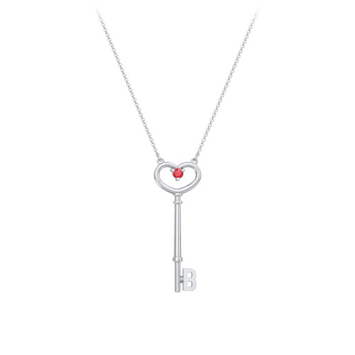 Initial Heart Key Necklace with Gemstone - B