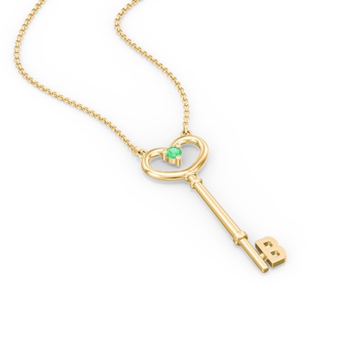 Initial Heart Key Necklace with Gemstone - B – 18K Gold Plated Silver with Emerald