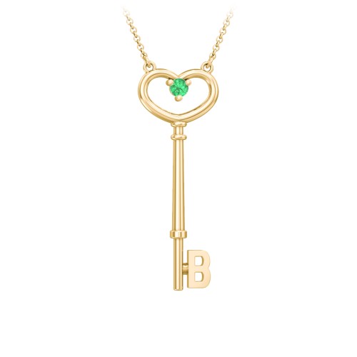 Initial Heart Key Necklace with Gemstone - B – 18K Gold Plated Silver with Emerald
