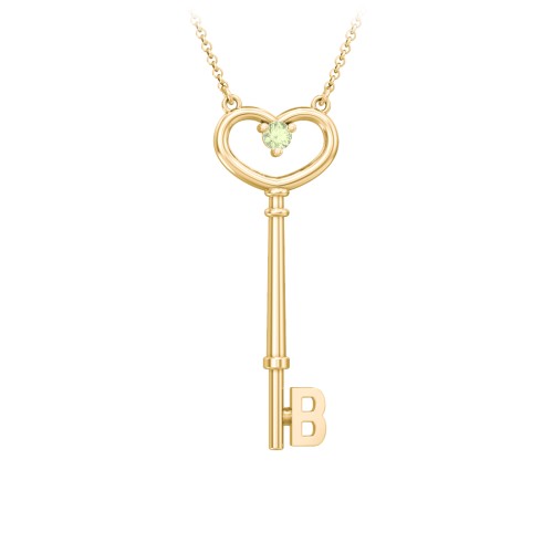 Initial Heart Key Necklace with Gemstone - B – 18K Gold Plated Silver with Peridot