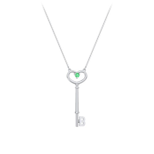 Initial Heart Key Necklace with Gemstone - B – Sterling Silver with Emerald