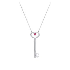 Initial Heart Key Necklace with Gemstone - C