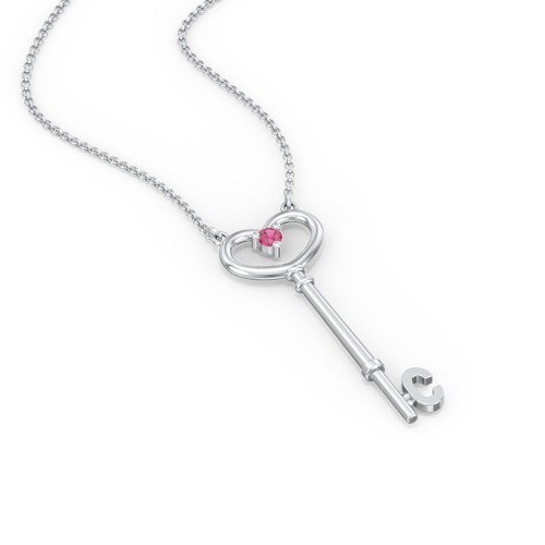 Initial Heart Key Necklace with Gemstone - C