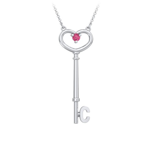 Initial Heart Key Necklace with Gemstone - C