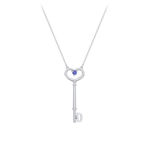Initial Heart Key Necklace with Gemstone - D