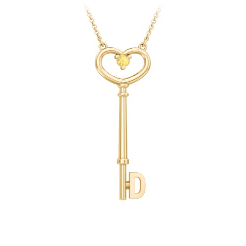 Initial Heart Key Necklace with Gemstone - D – 18K Gold Plated Silver with Citrine