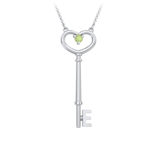 Initial Heart Key Necklace with Gemstone - E
