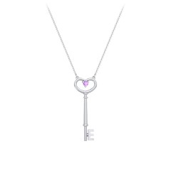 Initial Heart Key Necklace with Gemstone - E – Sterling Silver with Amethyst