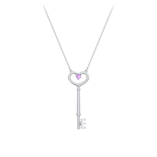 Initial Heart Key Necklace with Gemstone - E – Sterling Silver with Amethyst