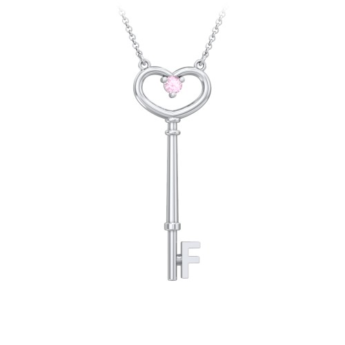 Initial Heart Key Necklace with Gemstone - F – Sterling Silver with Pink Tourmaline