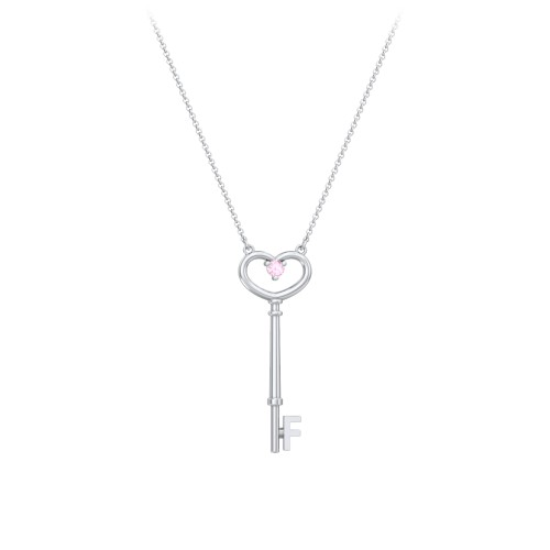 Initial Heart Key Necklace with Gemstone - F – Sterling Silver with Pink Tourmaline
