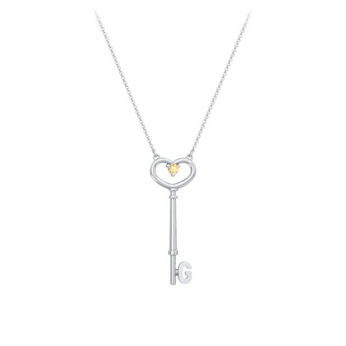 Initial Heart Key Necklace with Gemstone - G