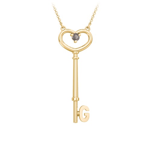 Initial Heart Key Necklace with Gemstone - G – 18K Gold Plated Silver with Smokey Quartz