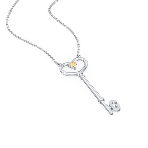 Initial Heart Key Necklace with Gemstone - G – Sterling Silver with Citrine