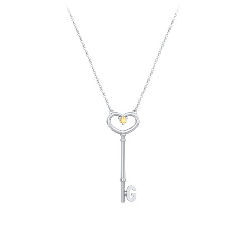 Initial Heart Key Necklace with Gemstone - G – Sterling Silver with Citrine