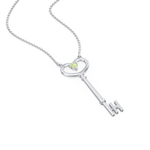 Initial Heart Key Necklace with Gemstone - H