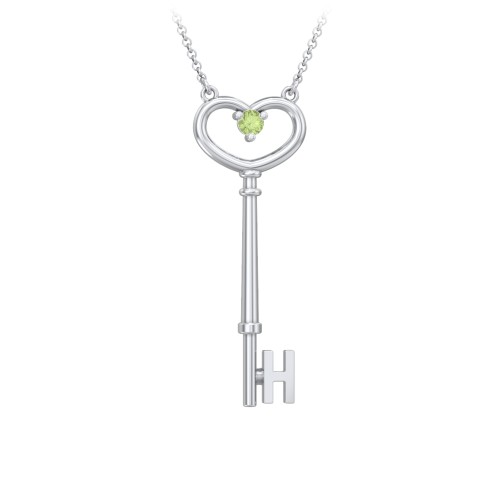Initial Heart Key Necklace with Gemstone - H