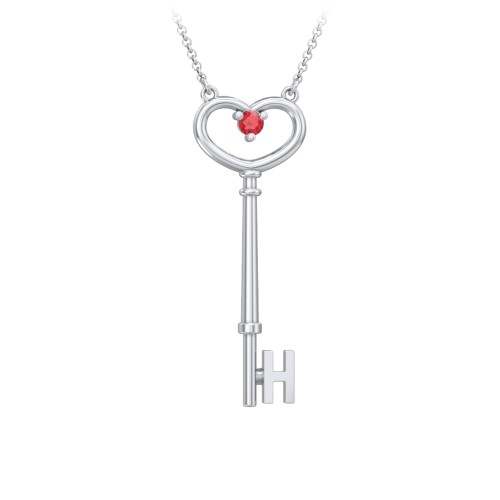 Initial Heart Key Necklace with Gemstone - H
