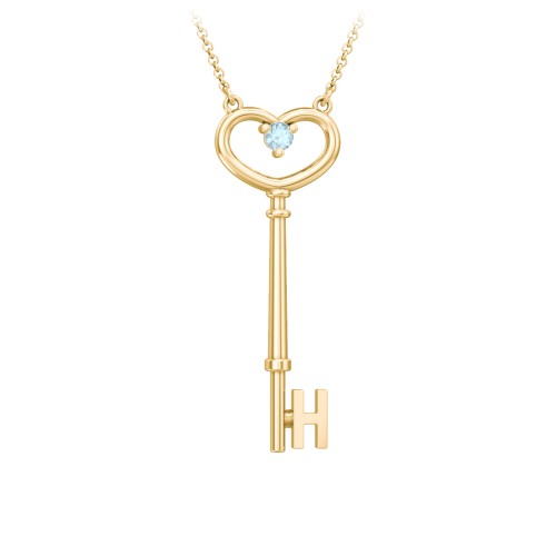 Initial Heart Key Necklace with Gemstone - H
