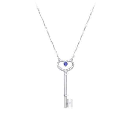 Initial Heart Key Necklace with Gemstone - H