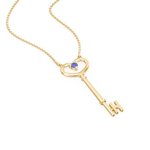 Initial Heart Key Necklace with Gemstone - H – 18K Gold Plated Silver with Blue Sapphire