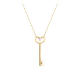 Initial Heart Key Necklace with Gemstone - I in 18K Gold Plated Silver with Pink Tourmaline