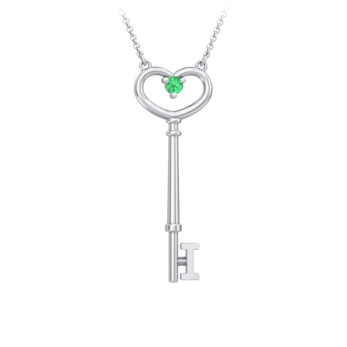 Initial Heart Key Necklace with Gemstone - I – Sterling Silver with Emerald