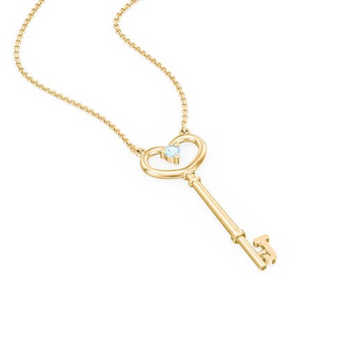 Initial Heart Key Necklace with Gemstone - J