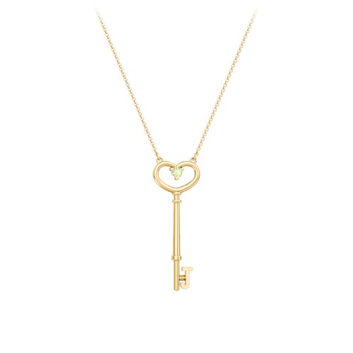 Initial Heart Key Necklace with Gemstone - J – 18K Gold Plated Silver with Peridot