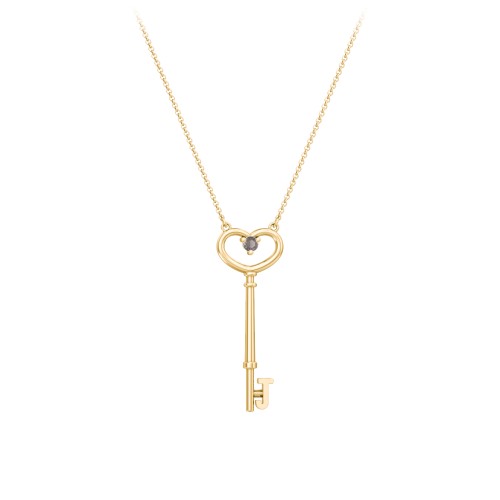 Initial Heart Key Necklace with Gemstone - J – 18K Gold Plated Silver with Smokey Quartz