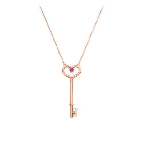 Initial Heart Key Necklace with Gemstone - J – 10K Rose Gold with Ruby